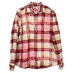 Handmade Floral Flannel Shirt Unisex XL Bleached Plaid Button Down Upcycled Boho